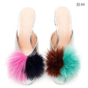 Loeffler Randall Silver Mules with Multicolor Fox Fur Poms